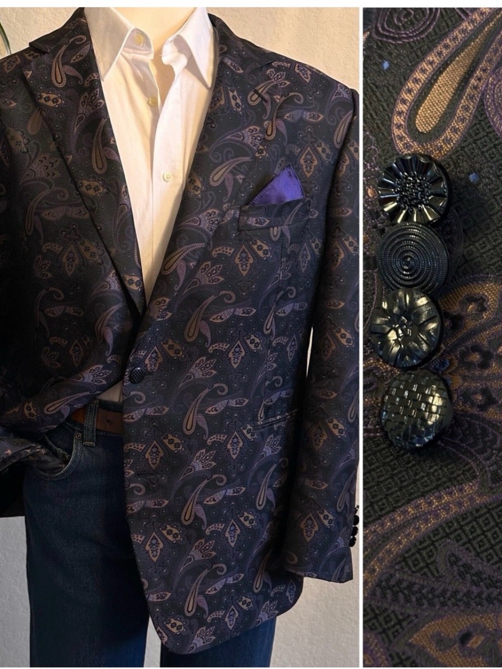 TALLIA wine  Blazer with Purple Paisley Pattern and Purple Pocket Square